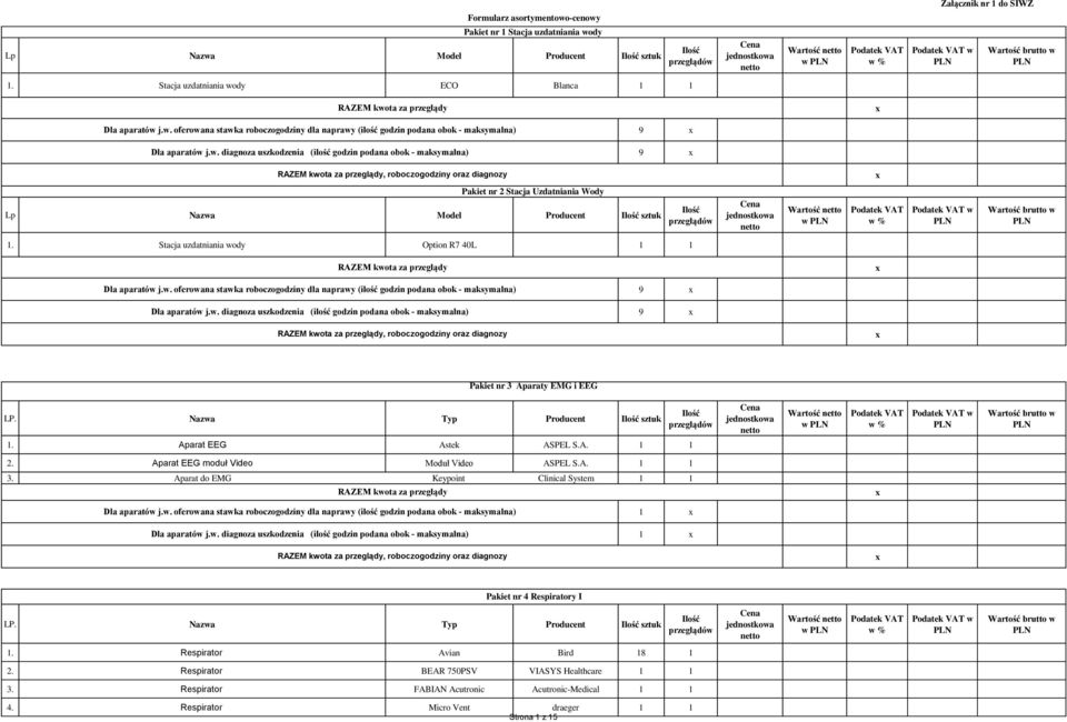 Stacja uzdatniania wody Option R7 40L 9 9 Pakiet nr 3 Aparaty EMG i EEG LP. Nazwa Typ Producent sztuk 1. Aparat EEG Astek ASPEL S.A. Wartość w 2.