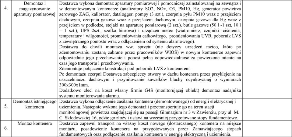 kontenerze (analizatory SO2, NOx, O3, PM10, Hg, generator powietrza zerowego ZAG, kalibrator, datalogger, pompy (3 szt.