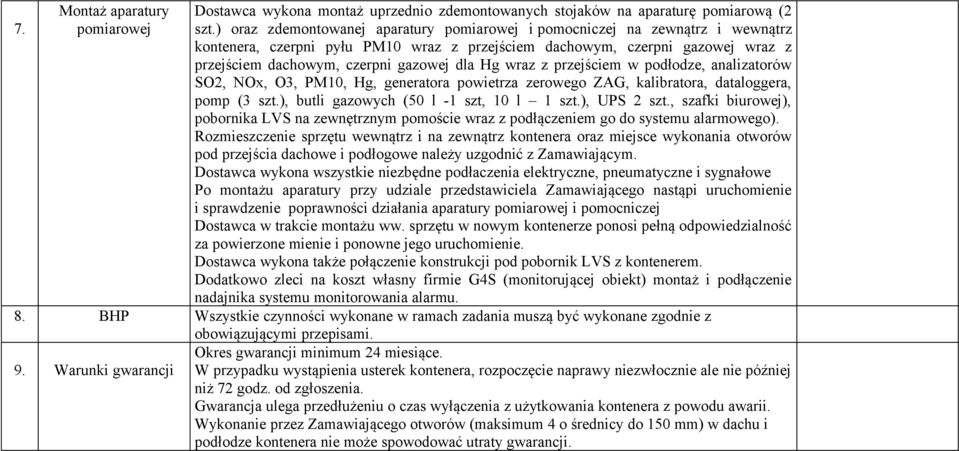 Hg wraz z przejściem w podłodze, analizatorów SO2, NOx, O3, PM10, Hg, generatora powietrza zerowego ZAG, kalibratora, dataloggera, pomp (3 szt.), butli gazowych (50 l -1 szt, 10 l 1 szt.), UPS 2 szt.