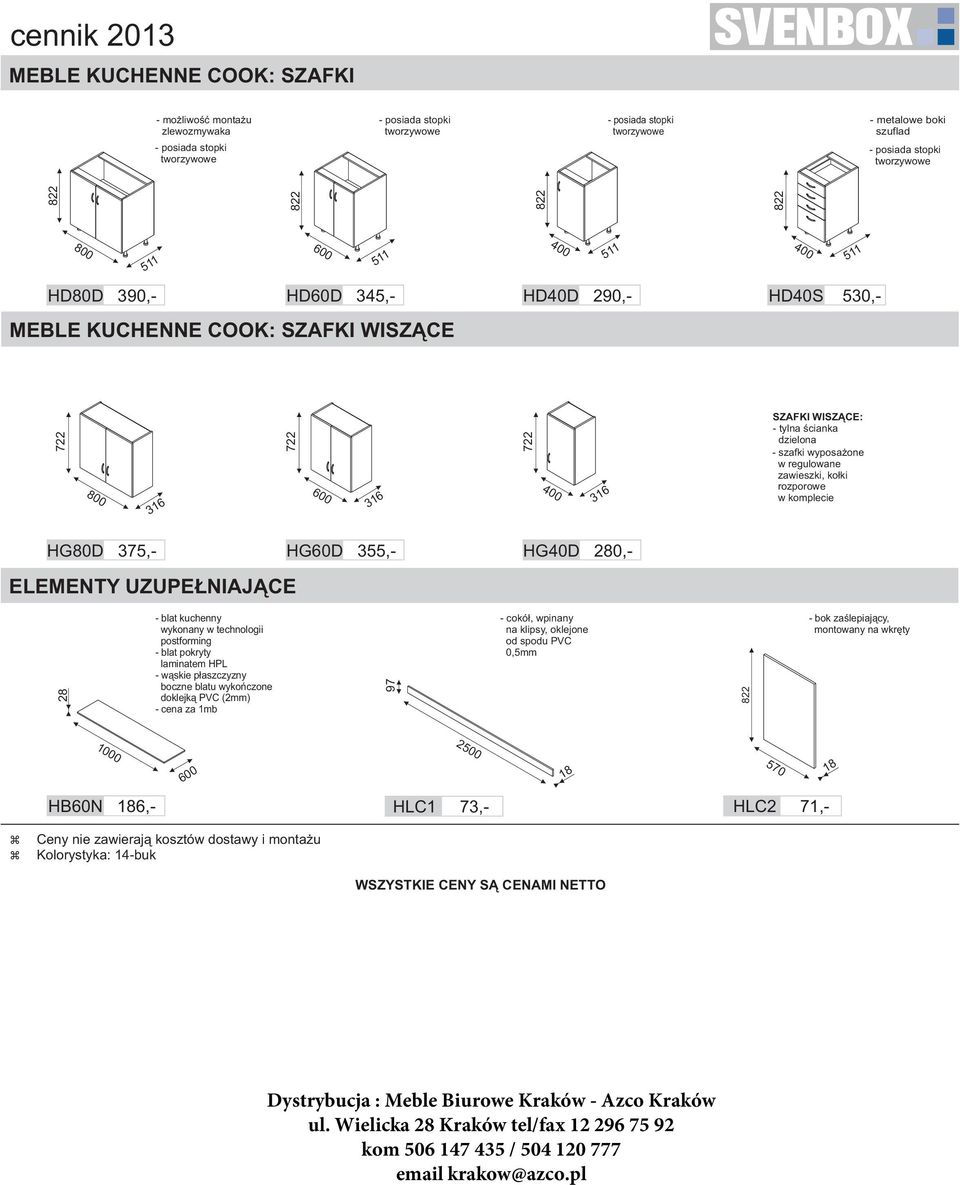 wyposażone w regulowane awieski, kołki roporowe w komplecie HG80D 375,- ELEMENTY UZUPEŁNIAJĄCE HG60D 355,- HG40D 280,- 28 - blat kuchenny wykonany w technologii postforming - blat pokryty laminatem