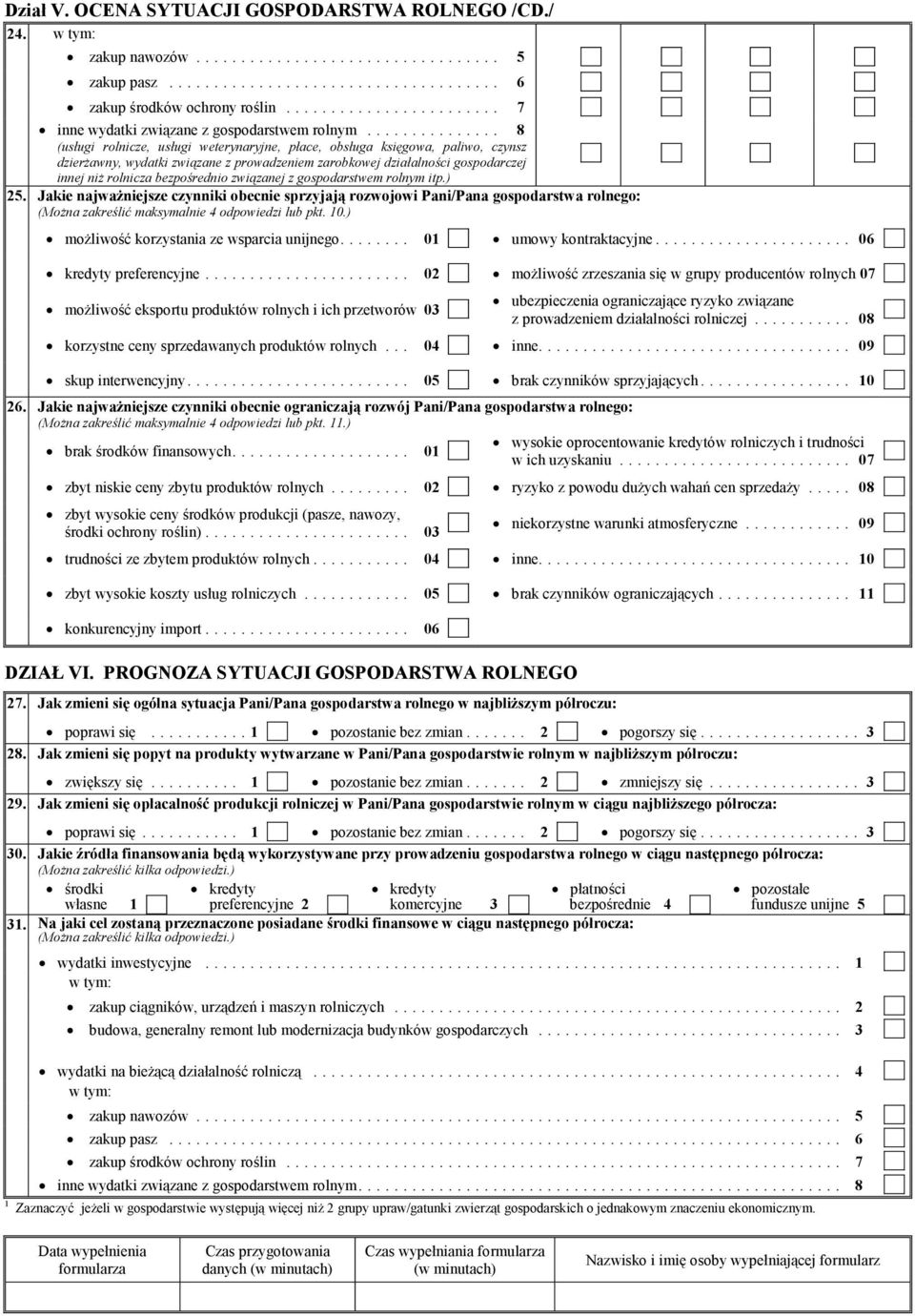 związanej z gospodarstwem rolnym itp.) 25. Jakie najważniejsze czynniki obecnie sprzyjają rozwojowi Pani/Pana gospodarstwa rolnego: (Można zakreślić maksymalnie 4 odpowiedzi lub pkt. 10.