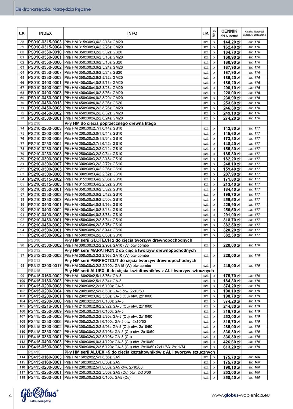 176 61 PS010-0350-0001 Piła HM 350x30x3,6/2,5/18z GM20 szt. x 160,90 zł str. 176 62 PS010-0350-0006 Piła HM 350x30x3,6/2,5/18z GS20 szt. x 160,90 zł str. 176 63 PS010-0350-0002 Piła HM 350x30x3,6/2,5/24z GM20 szt.