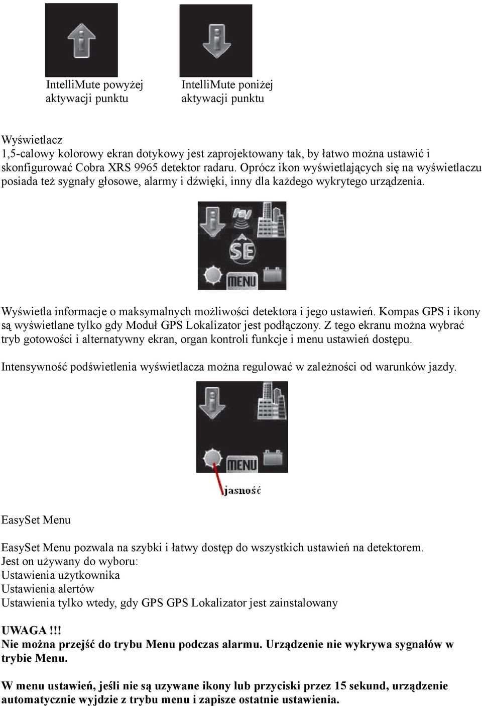 Wyświetla informacje o maksymalnych możliwości detektora i jego ustawień. Kompas GPS i ikony są wyświetlane tylko gdy Moduł GPS Lokalizator jest podłączony.