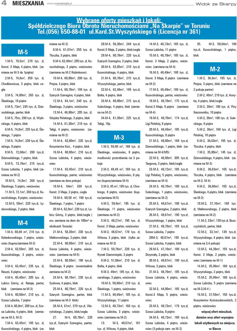 3 Maja, 2 piętro, blok/cegła 29.M-4, 60,78m², 220 tys.zł, Szosa Lubicka, 11 piętro 15.M-3, 48,70m², 185 tys. zł, tys.zł, Kusocińskiego, 1 piętro, blok 1.M-5, 79,5m², 270 tys. zł, 9.