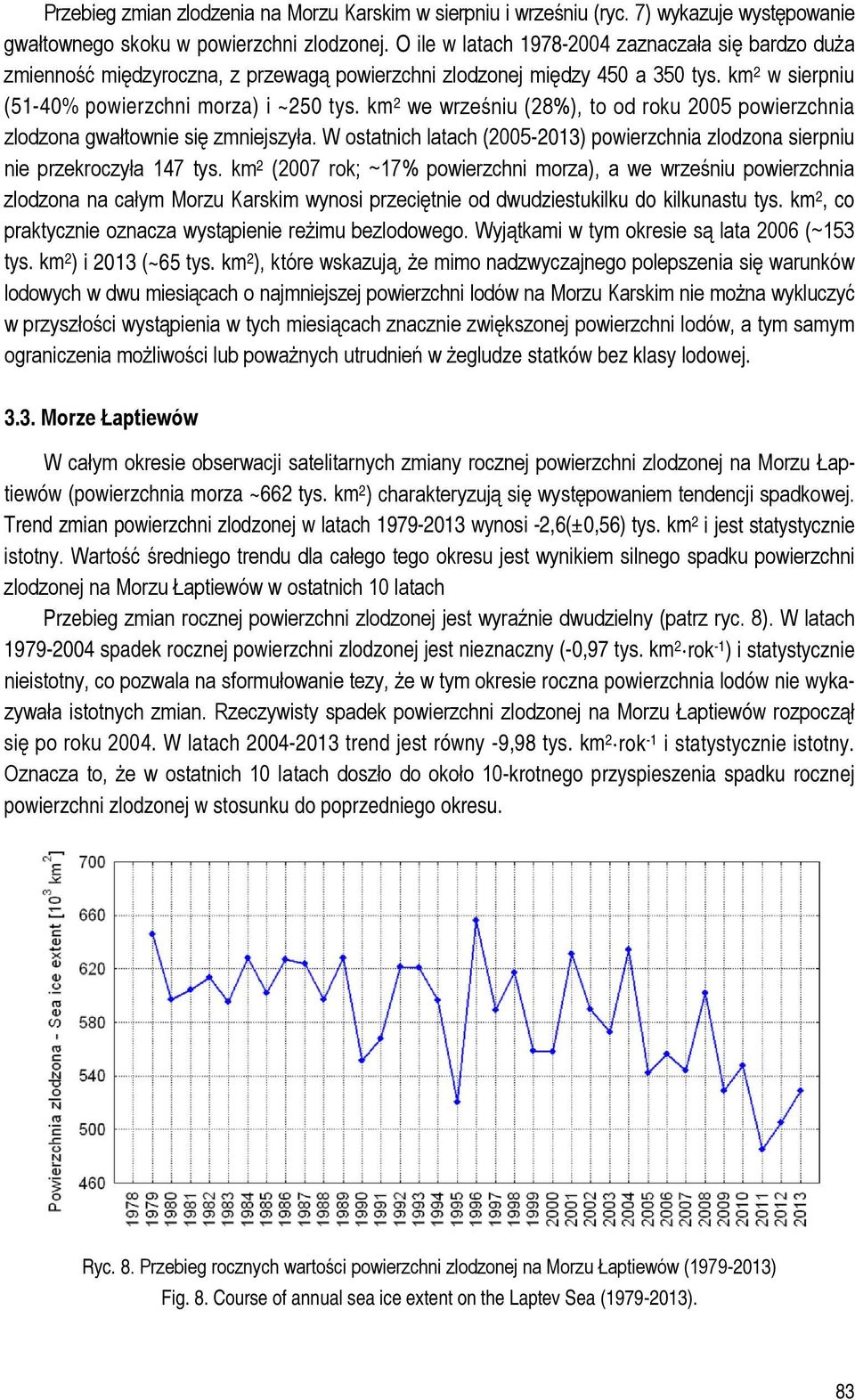 km 2 we wrześniu (28%), to od roku 2005 powierzchnia zlodzona gwałtownie się zmniejszyła. W ostatnich latach (2005-2013) powierzchnia zlodzona sierpniu nie przekroczyła 147 tys.