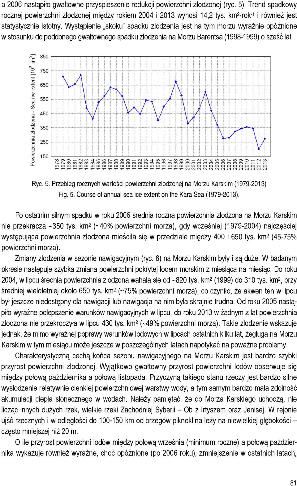 Wystąpienie skoku spadku zlodzenia jest na tym morzu wyraźnie opóźnione w stosunku do podobnego gwałtownego spadku zlodzenia na Morzu Barentsa (1998-1999) o sześć lat. Ryc. 5.