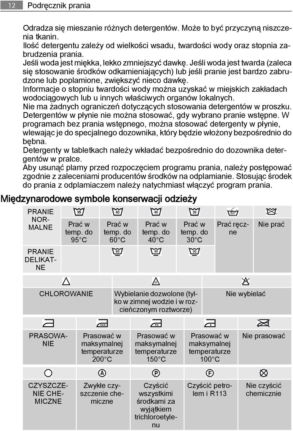 Informacje o stopniu twardości wody można uzyskać w miejskich zakładach wodociągowych lub u innych właściwych organów lokalnych. Nie ma żadnych ograniczeń dotyczących stosowania detergentów w proszku.