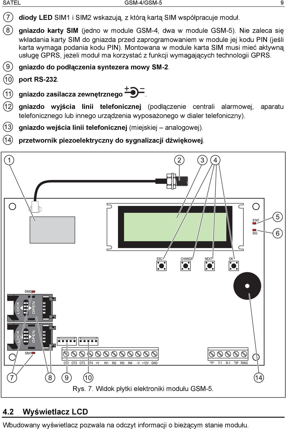 Montowana w module karta SIM musi mieć aktywną usługę GPRS, jeżeli moduł ma korzystać z funkcji wymagających technologii GPRS. gniazdo do podłączenia syntezera mowy SM-2. port RS-232.