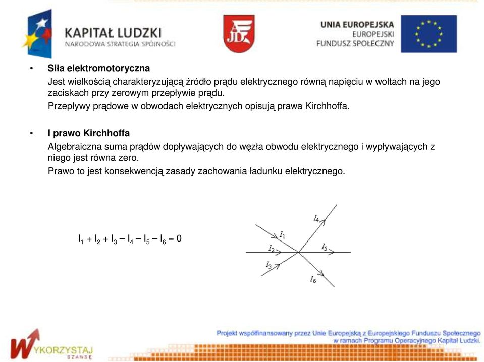 I prawo Kirchhoffa Algebraiczna suma prądów dopływających do węzła obwodu elektrycznego i wypływających z niego