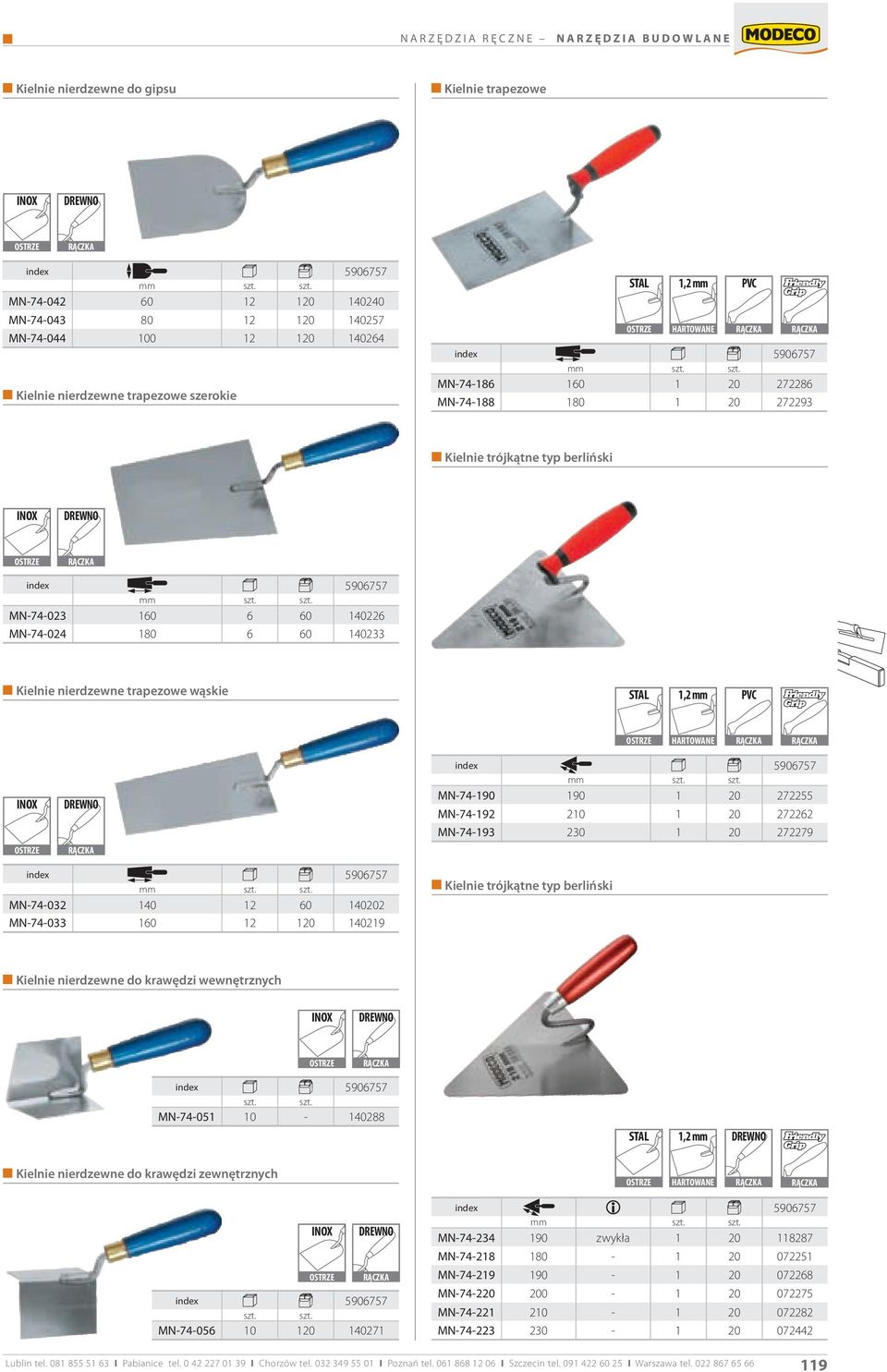 wąskie 1,2 mm PVC HARTOWANE MN-74-190 190 1 20 272255 MN-74-192 210 1 20 272262 MN-74-193 230 1 20 272279 MN-74-032 140 12 60 140202 MN-74-033 160 12 120 140219 Kielnie trójkątne typ berliński