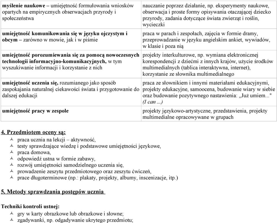 sposób zaspokajania naturalnej ciekawości świata i przygotowanie do dalszej edukacji umiejętność pracy w zespole 4.