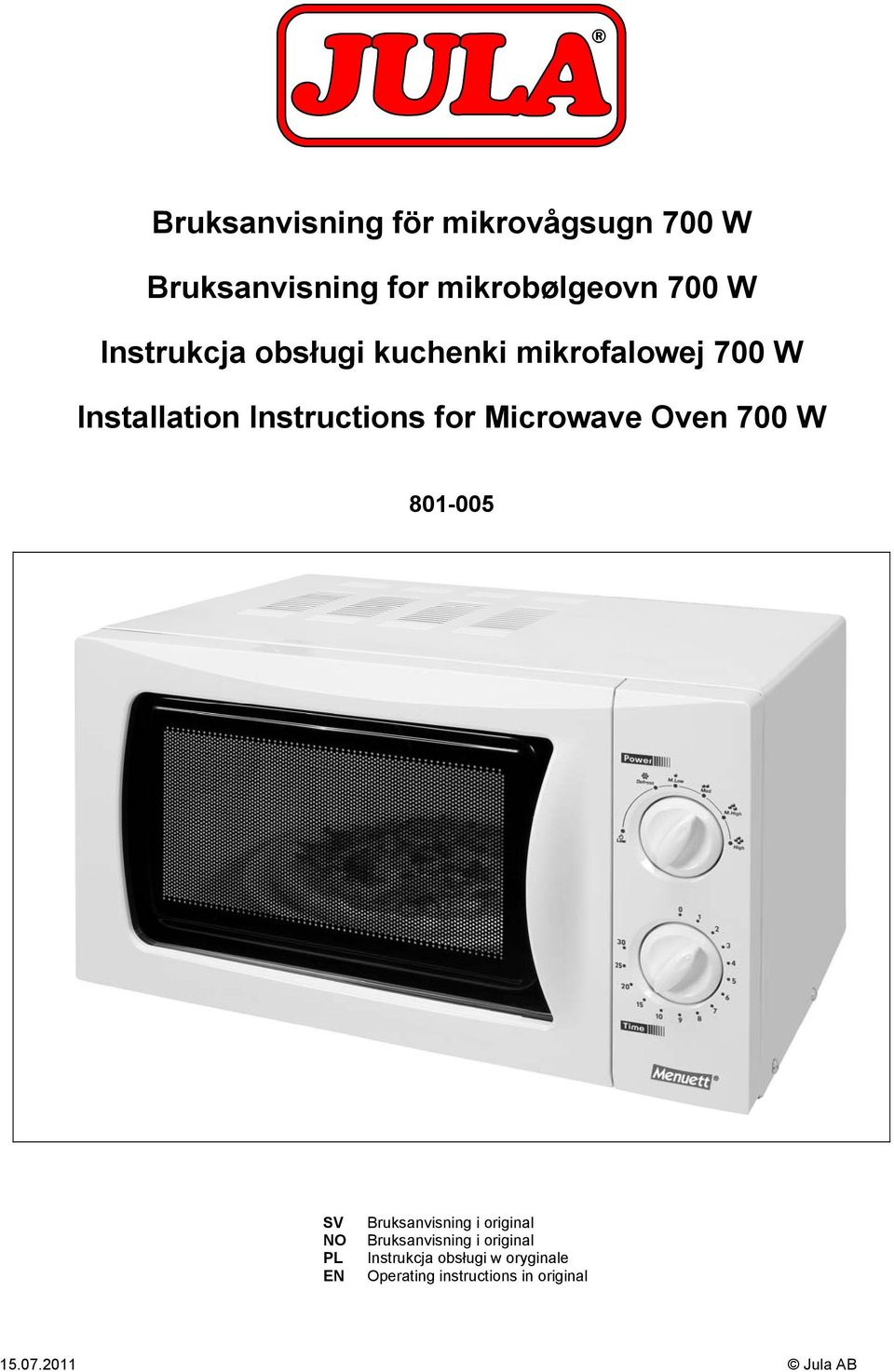 Microwave Oven 700 W 801-005 SV NO PL EN Bruksanvisning i original Bruksanvisning