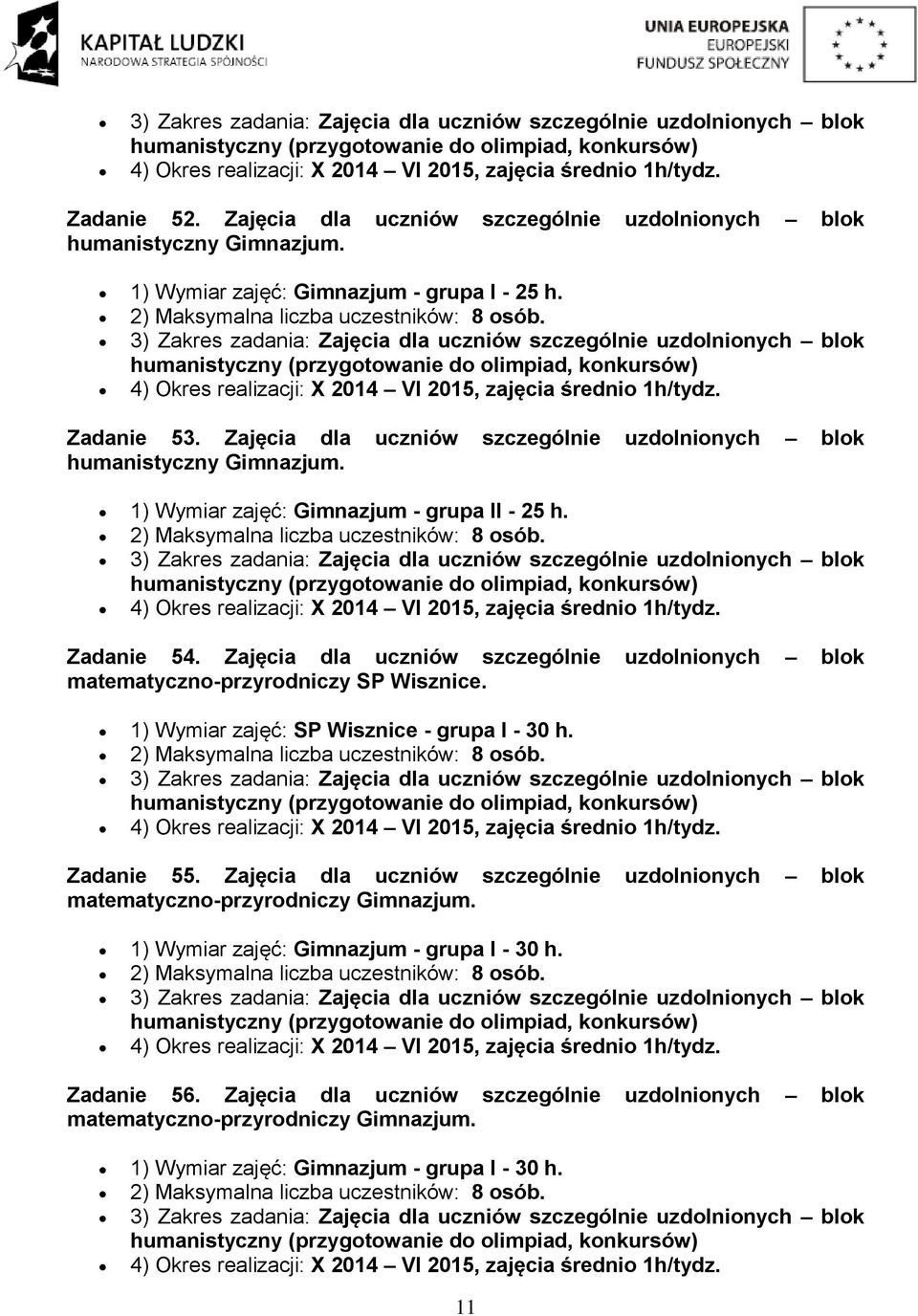 Zajęcia dla uczniów szczególnie uzdolnionych blok humanistyczny 1) Wymiar zajęć: Gimnazjum - grupa II - 25 h. 3) Zakres zadania: Zajęcia dla uczniów szczególnie uzdolnionych blok Zadanie 54.