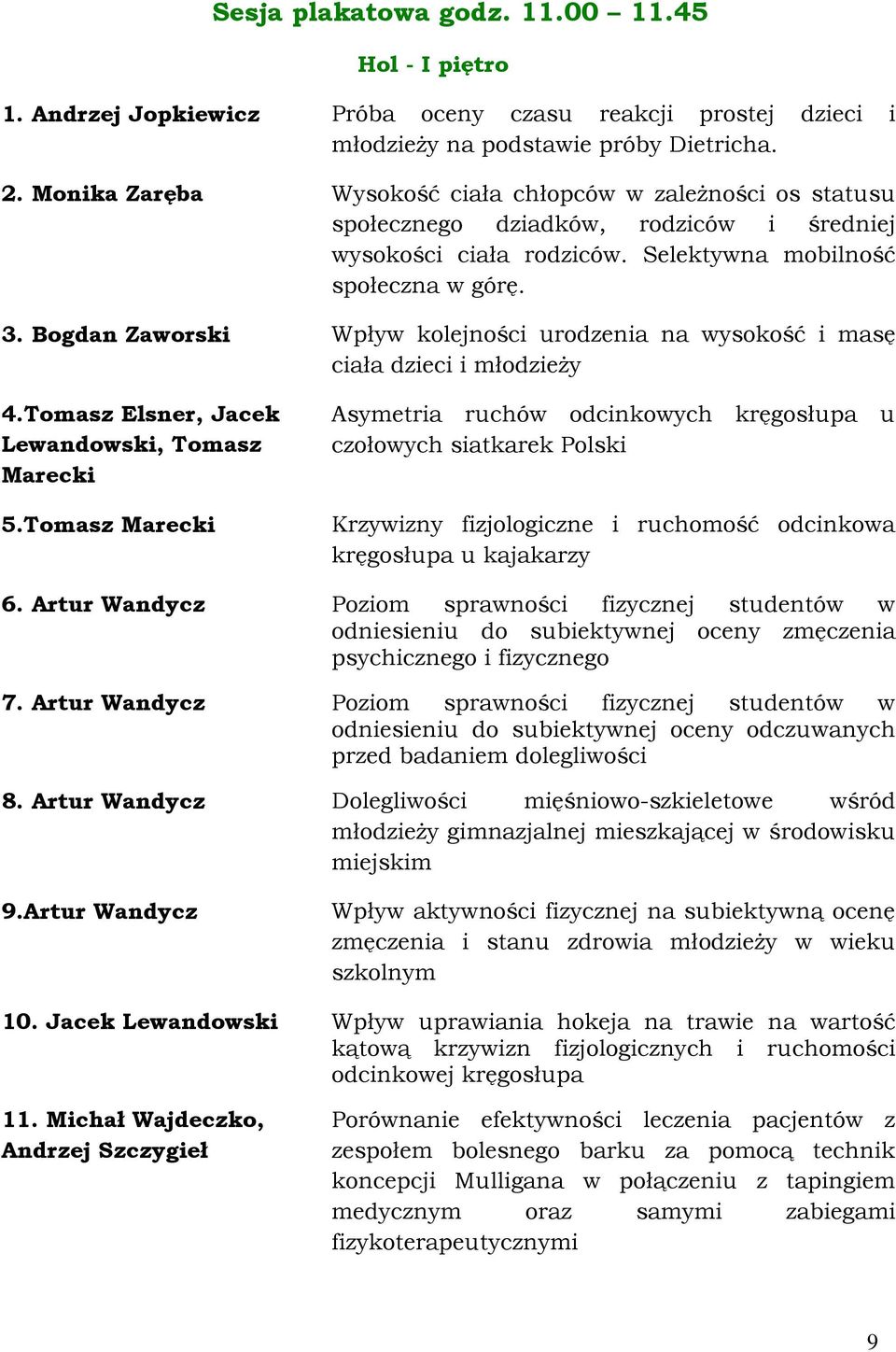 Bogdan Zaworski Wpływ kolejności urodzenia na wysokość i masę ciała dzieci i młodzieży 4.Tomasz Elsner, Jacek Lewandowski, Tomasz Marecki 5.