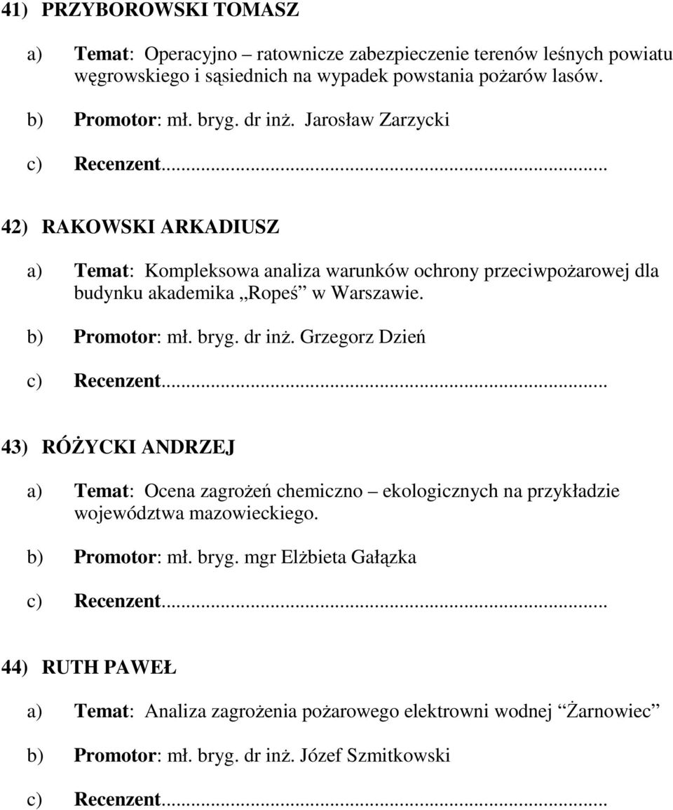 Jarosław Zarzycki 42) RAKOWSKI ARKADIUSZ a) Temat: Kompleksowa analiza warunków ochrony przeciwpoŝarowej dla budynku akademika Ropeś w Warszawie.