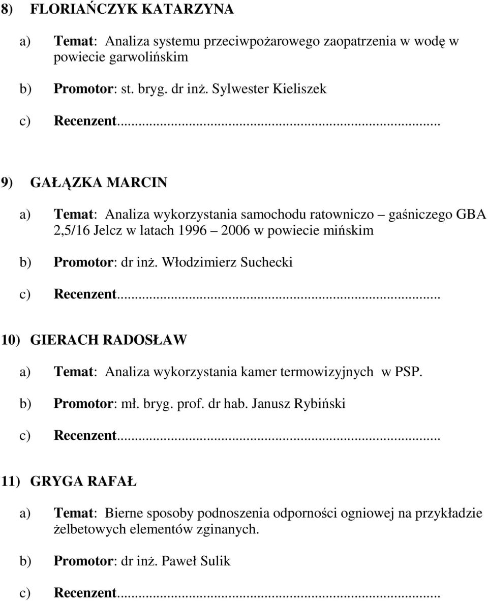 b) Promotor: dr inŝ. Włodzimierz Suchecki 10) GIERACH RADOSŁAW a) Temat: Analiza wykorzystania kamer termowizyjnych w PSP. b) Promotor: mł. bryg. prof.