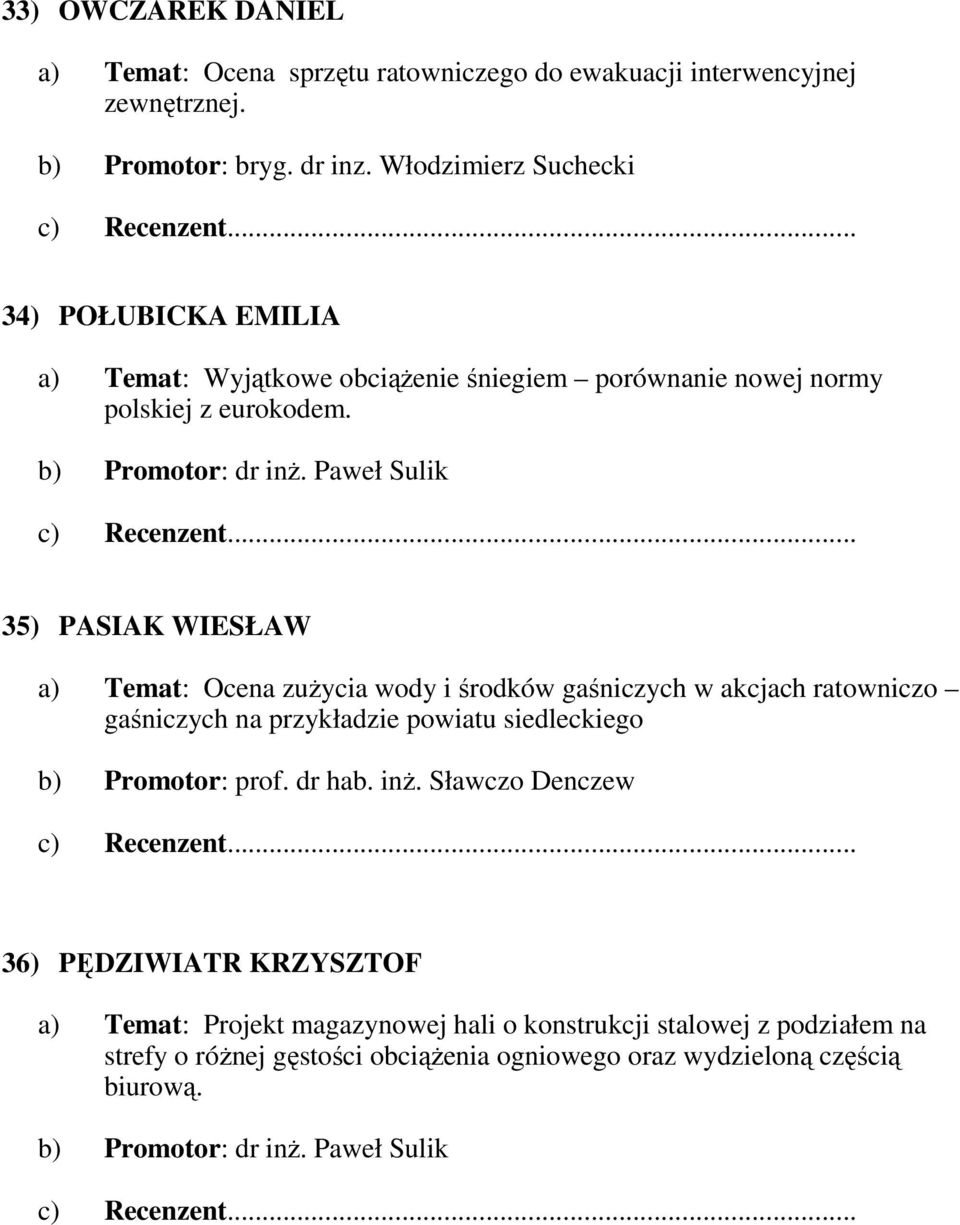 Paweł Sulik 35) PASIAK WIESŁAW a) Temat: Ocena zuŝycia wody i środków gaśniczych w akcjach ratowniczo gaśniczych na przykładzie powiatu siedleckiego b) Promotor: prof.