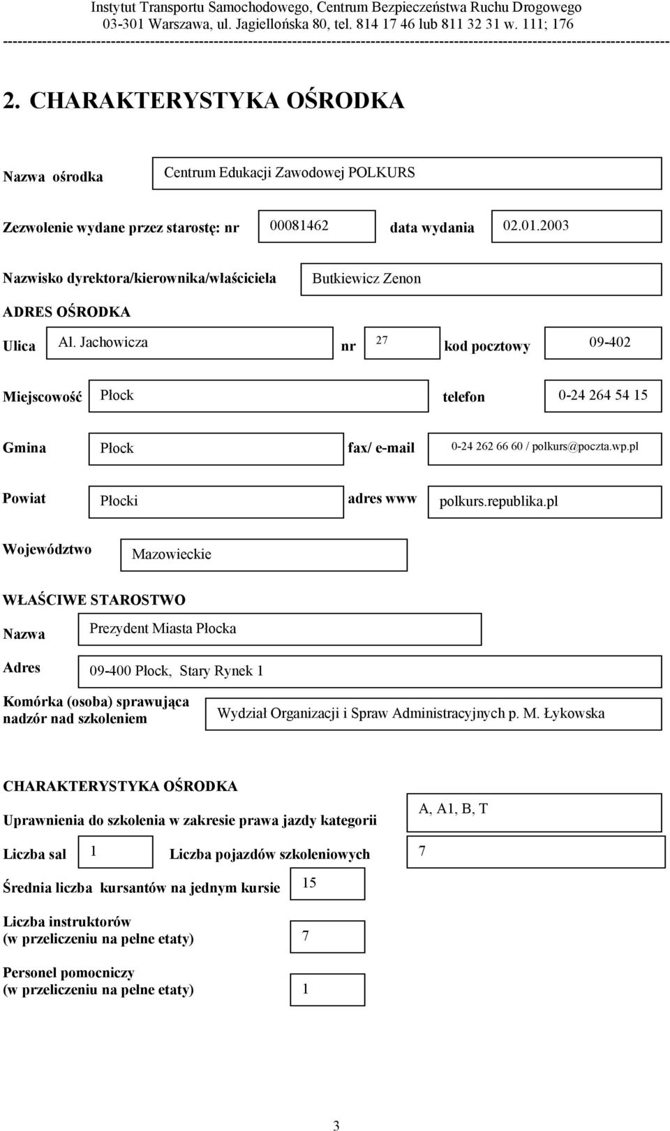 Jachowicza 27 nr kod pocztowy 09-402 Miejscowość Płock telefon 0-24 264 54 15 Gmina Płock fax/ e-mail 0-24 262 66 60 / polkurs@poczta.wp.pl Powiat Płocki adres www polkurs.republika.