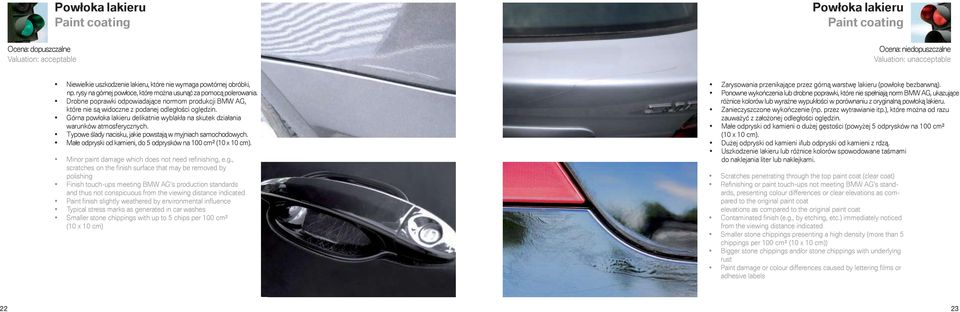 Typowe ślady nacisku, jakie powstają w myjniach samochodowych. Małe odpryski od kamieni, do 5 odprysków na 100 cm² (10 x 10 cm). Minor paint damage