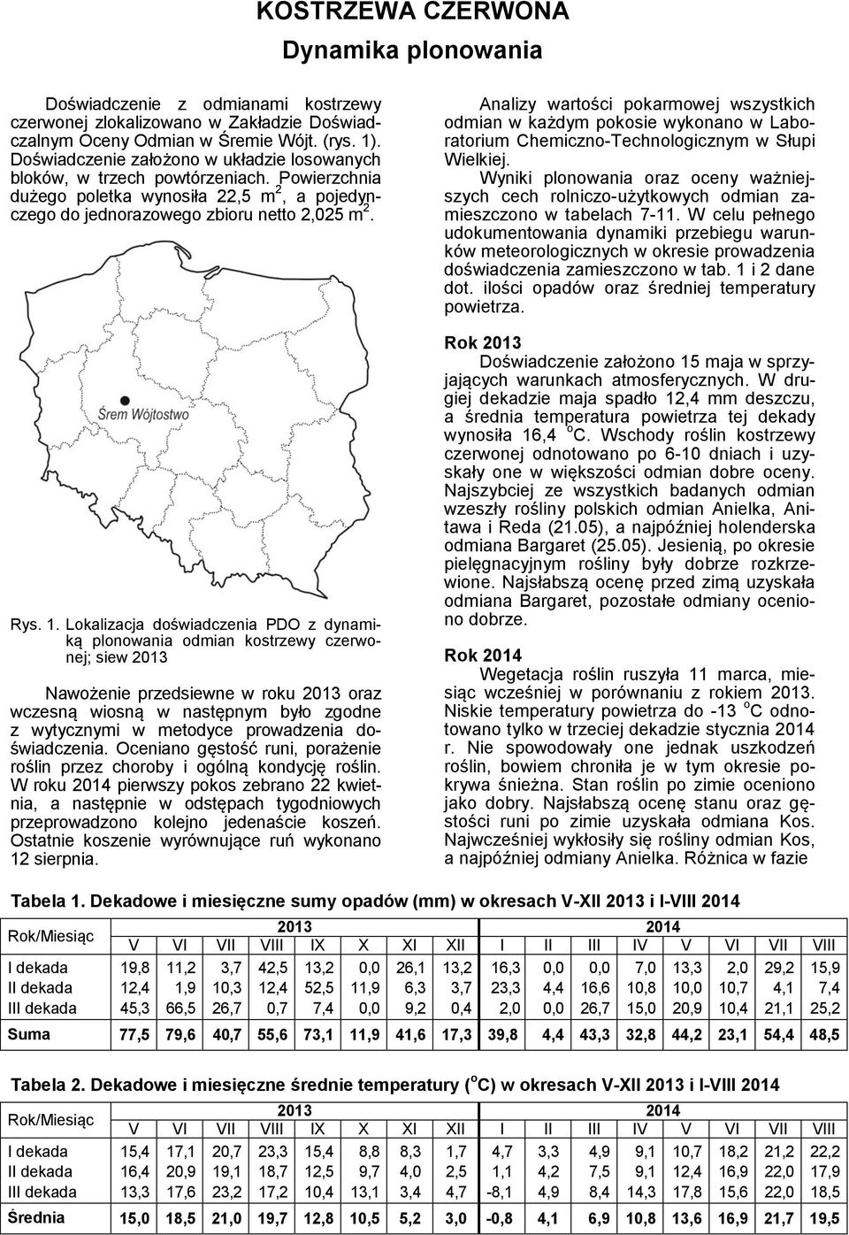 Lokalizacja doświadczenia PDO z dynamiką plonowania odmian kostrzewy czerwonej; siew 2013 Nawożenie przedsiewne w roku 2013 oraz wczesną wiosną w następnym było zgodne z wytycznymi w metodyce