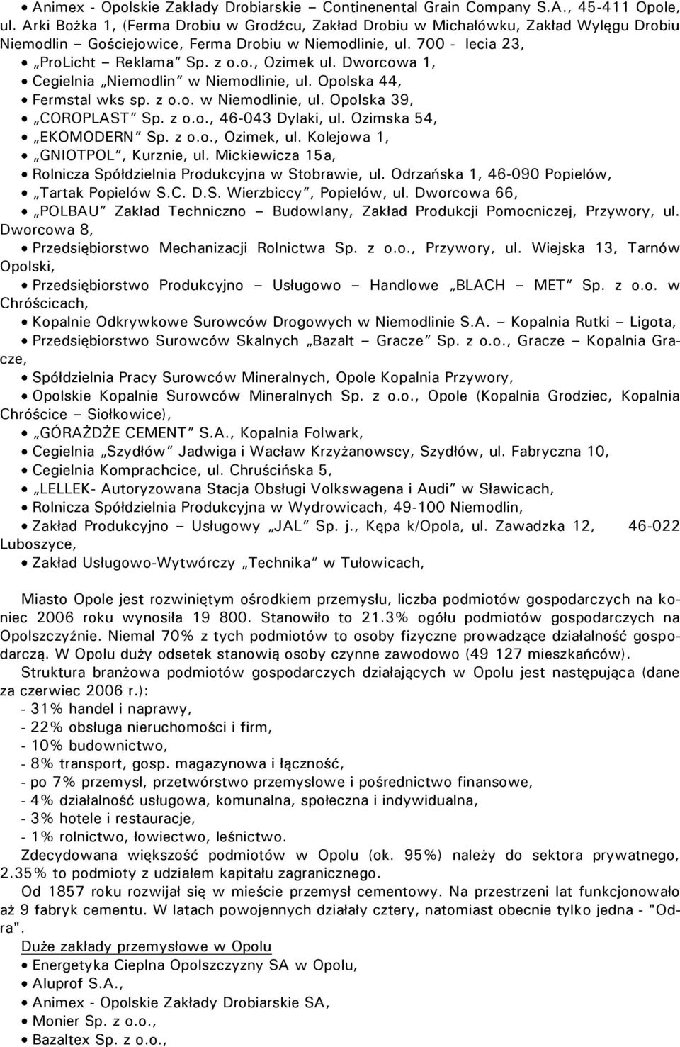 Dworcowa 1, Cegielnia Niemodlin w Niemodlinie, ul. Opolska 44, Fermstal wks sp. z o.o. w Niemodlinie, ul. Opolska 39, COROPLAST Sp. z o.o., 46-043 Dylaki, ul. Ozimska 54, EKOMODERN Sp. z o.o., Ozimek, ul.