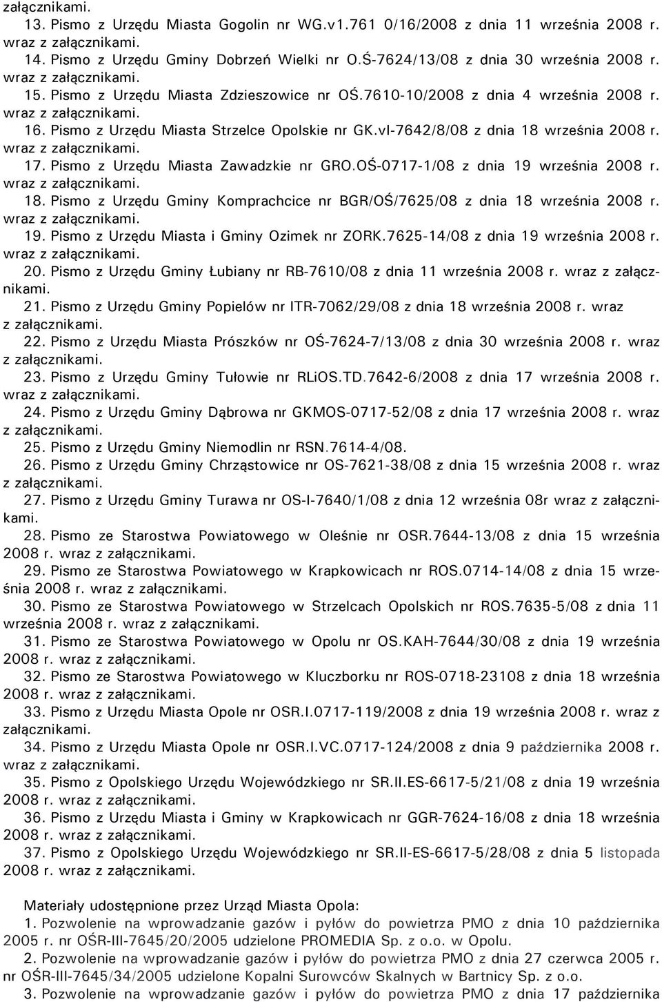 Pismo z Urzędu Miasta Strzelce Opolskie nr GK.vI-7642/8/08 z dnia 18 września 2008 r. wraz z załącznikami. 17. Pismo z Urzędu Miasta Zawadzkie nr GRO.OŚ-0717-1/08 z dnia 19 września 2008 r.