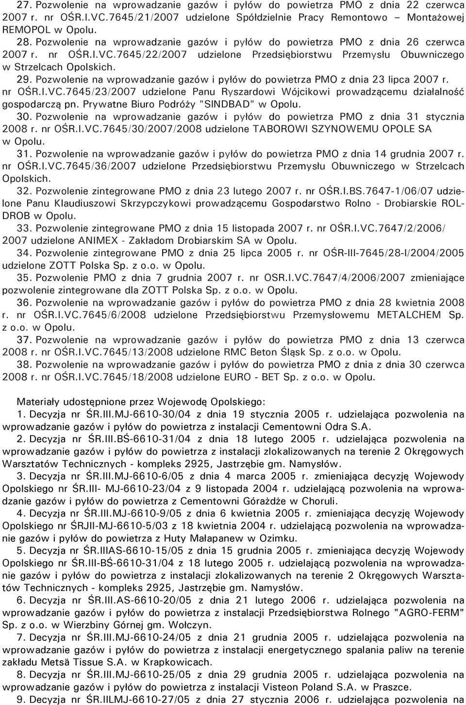 Pozwolenie na wprowadzanie gazów i pyłów do powietrza PMO z dnia 23 lipca 2007 r. nr OŚR.I.VC.7645/23/2007 udzielone Panu Ryszardowi Wójcikowi prowadzącemu działalność gospodarczą pn.