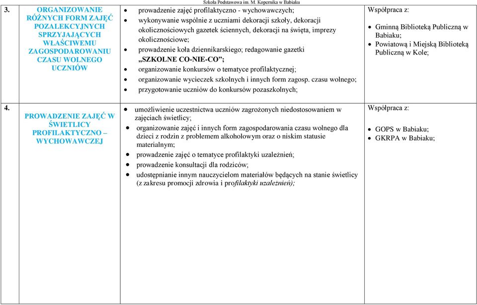 okolicznościowe; prowadzenie koła dziennikarskiego; redagowanie gazetki SZKOLNE CO-NIE-CO ; organizowanie konkursów o tematyce profilaktycznej; organizowanie wycieczek szkolnych i innych form zagosp.