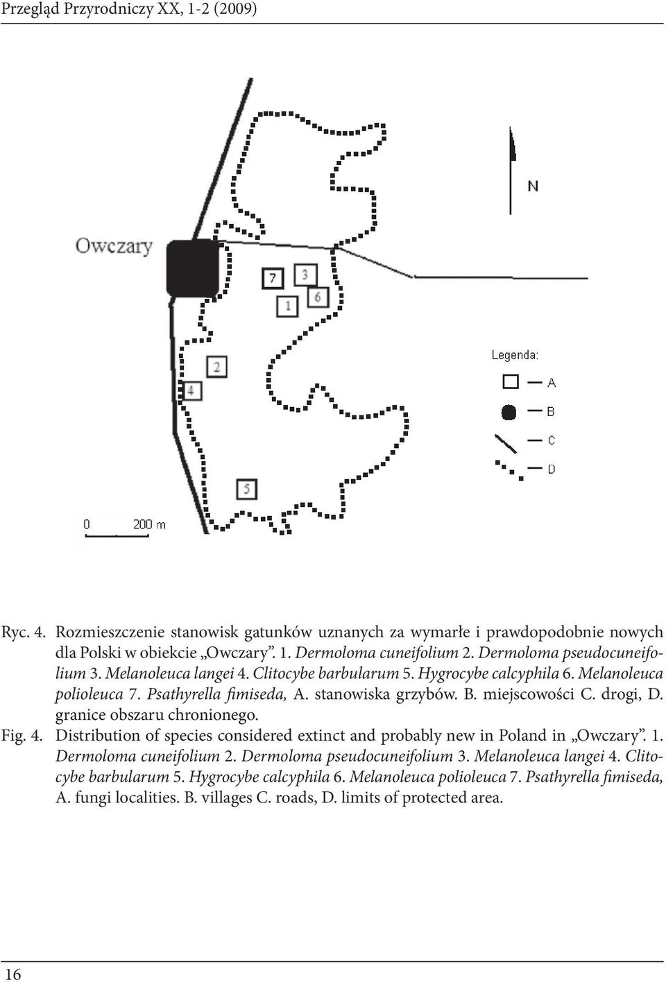 miejscowości C. drogi, D. granice obszaru chronionego. Fig. 4. Distribution of species considered extinct and probably new in Poland in Owczary. 1. Dermoloma cuneifolium 2.