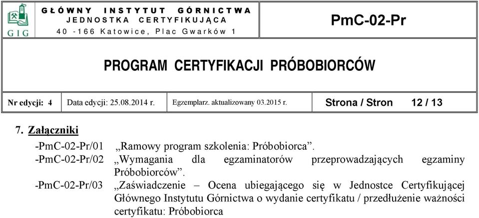 -/02 Wymagania dla egzaminatorów przeprowadzających egzaminy Próbobiorców.