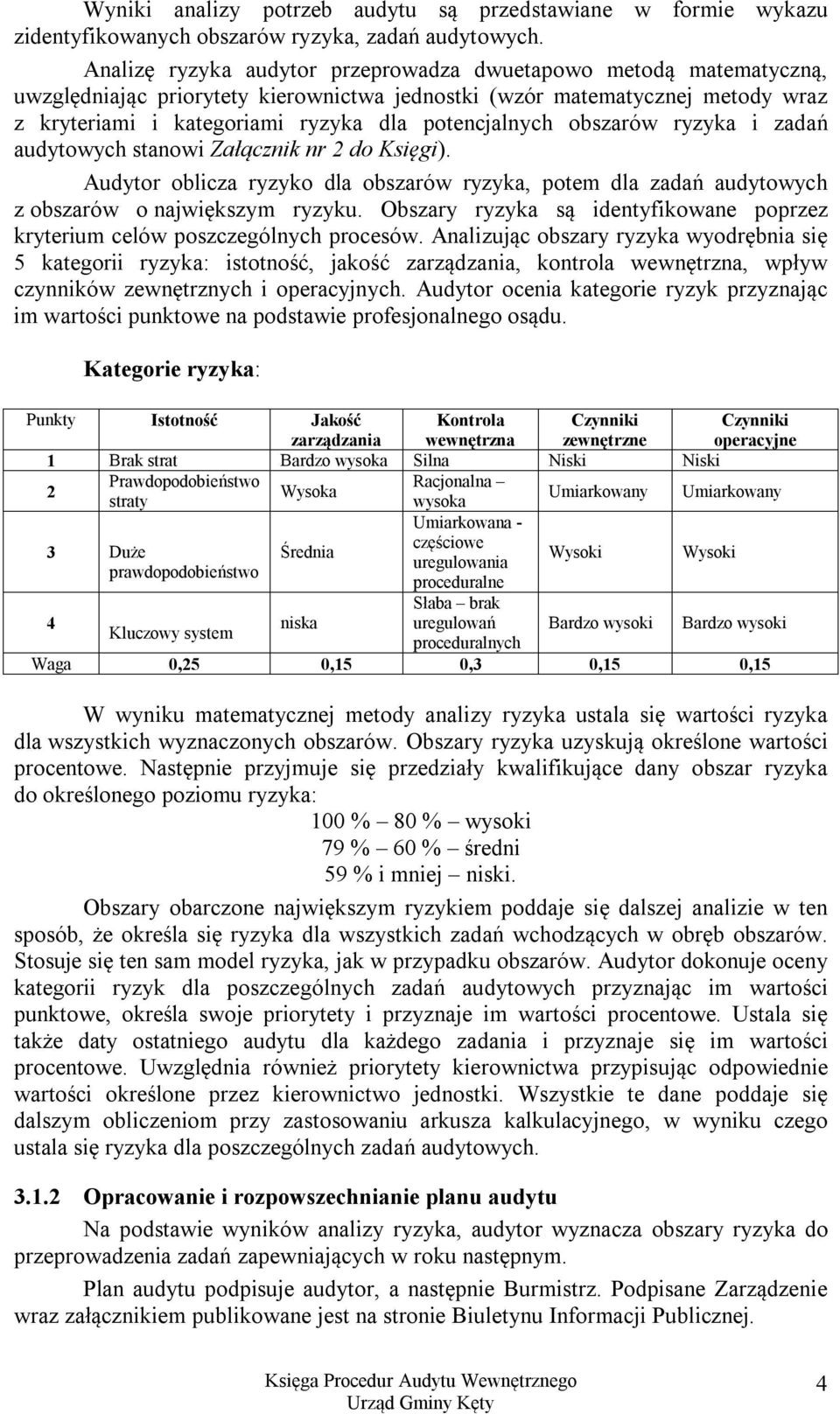 obszarów ryzyka i zadań audytowych stanowi Załącznik nr 2 do Księgi). Audytor oblicza ryzyko dla obszarów ryzyka, potem dla zadań audytowych z obszarów o największym ryzyku.