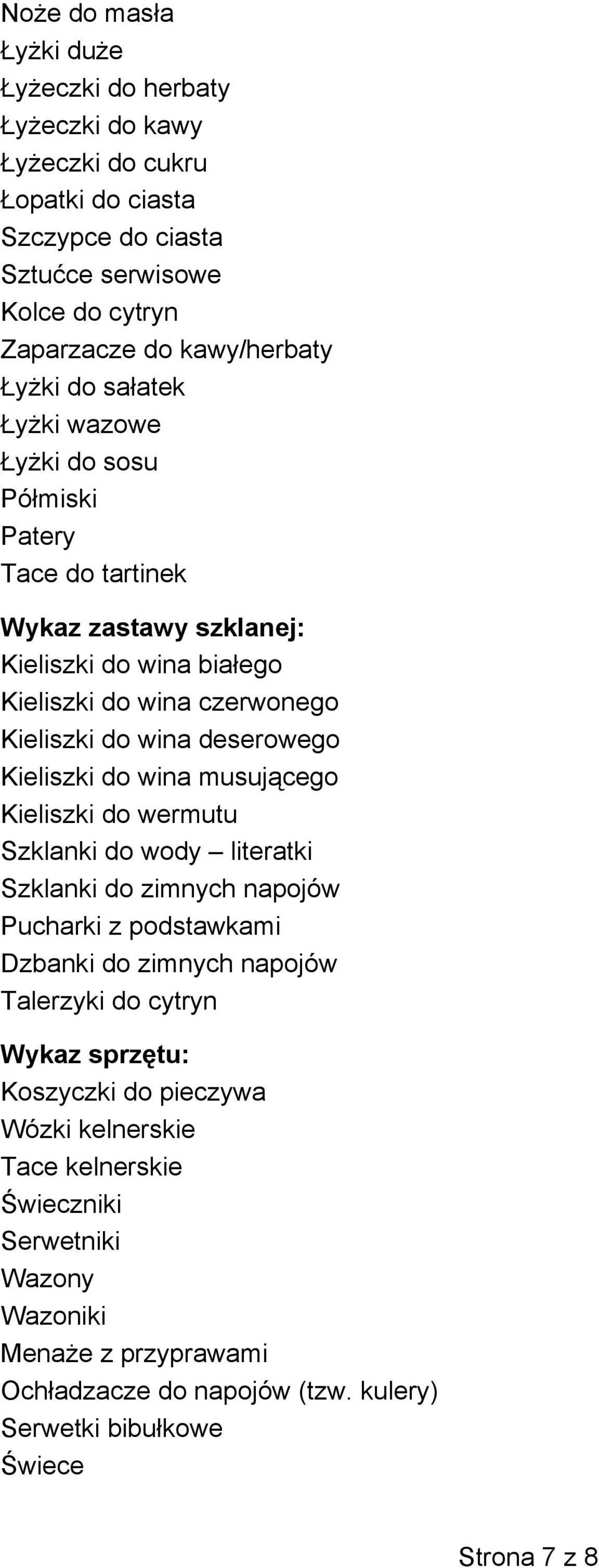 Kieliszki do wina musującego Kieliszki do wermutu Szklanki do wody literatki Szklanki do zimnych napojów Pucharki z podstawkami Dzbanki do zimnych napojów Talerzyki do cytryn Wykaz