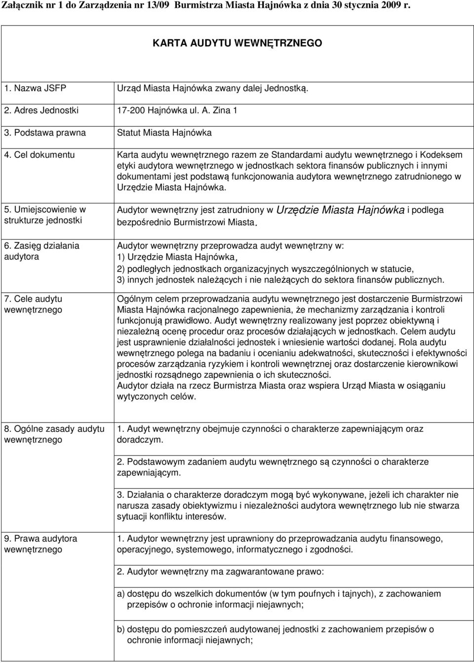 Cel dokumentu Karta audytu razem ze Standardami audytu i Kodeksem etyki audytora w jednostkach sektora finansów publicznych i innymi dokumentami jest podstawą funkcjonowania audytora zatrudnionego w