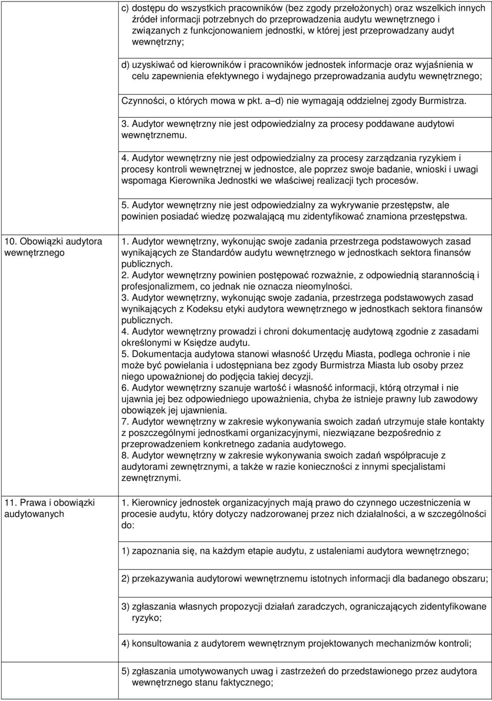 których mowa w pkt. a d) nie wymagają oddzielnej zgody Burmistrza. 3. Audytor wewnętrzny nie jest odpowiedzialny za procesy poddawane audytowi wewnętrznemu. 4.