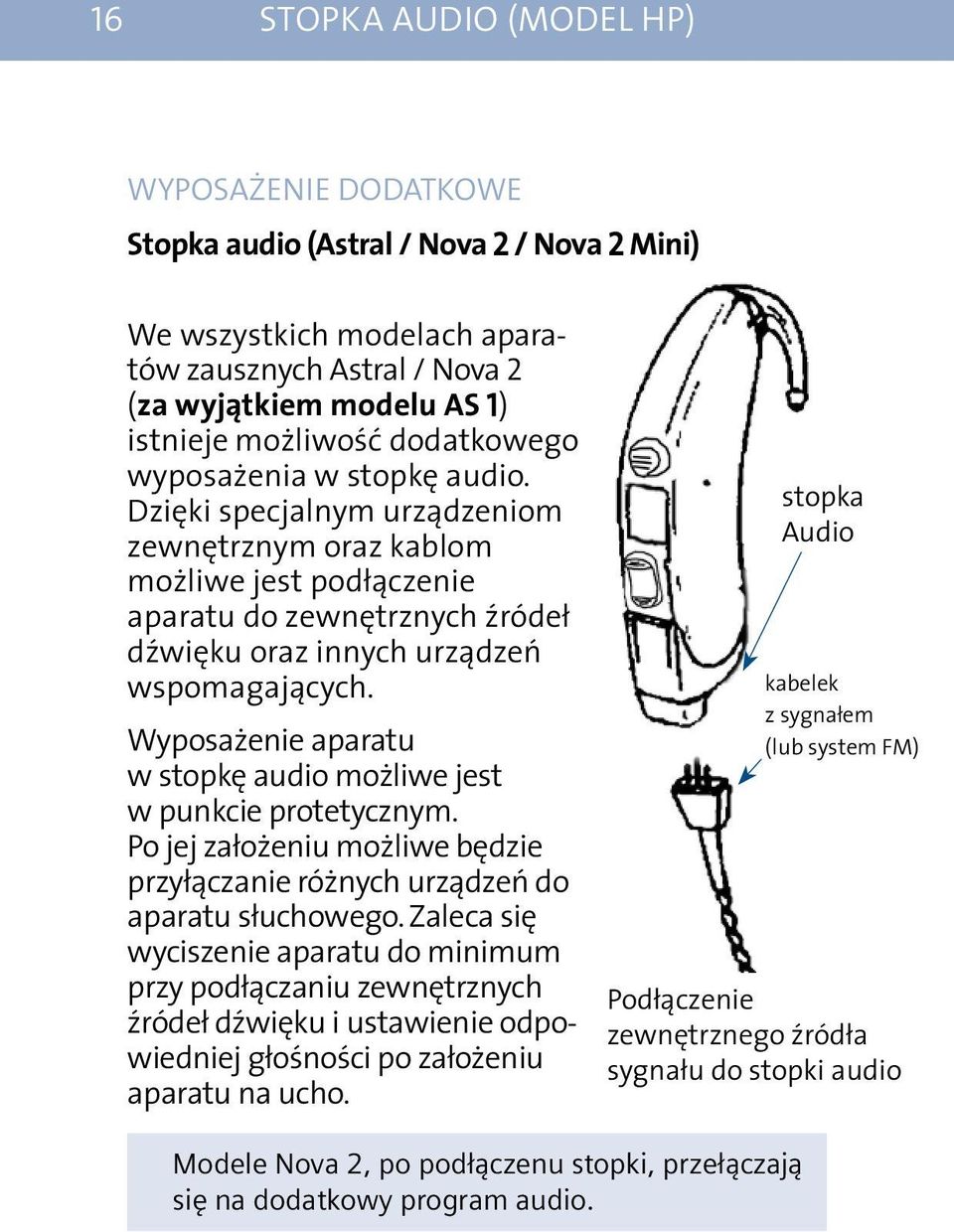 Wyposażenie aparatu w stopkę audio możliwe jest w punkcie protetycznym. Po jej założeniu możliwe będzie przyłączanie różnych urządzeń do aparatu słuchowego.