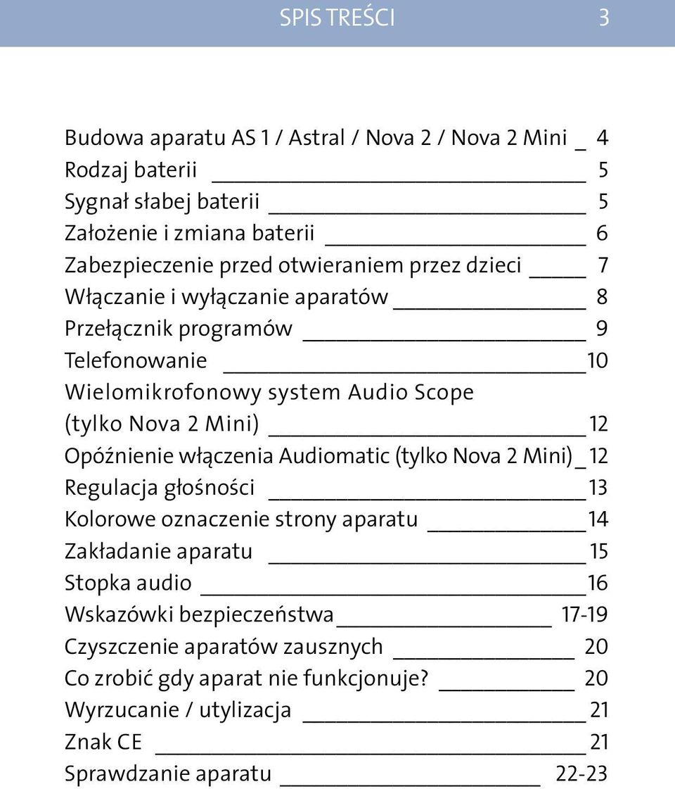 Opóźnienie włączenia Audiomatic (tylko Nova 2 Mini)_ 12 Regulacja głośności 13 Kolorowe oznaczenie strony aparatu 14 Zakładanie aparatu 15 Stopka audio 16