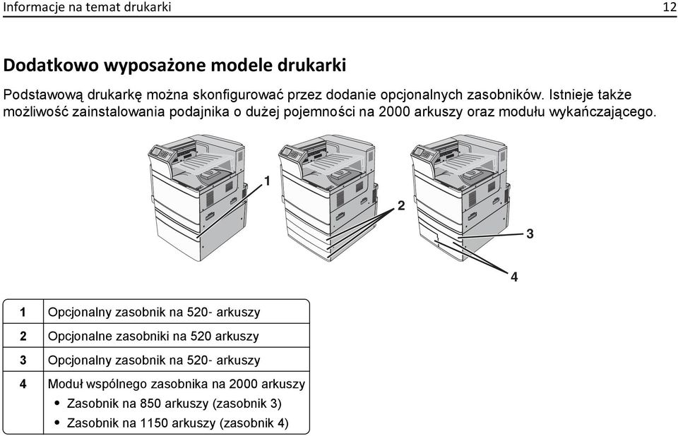 Istnieje także możliwość zainstalowania podajnika o dużej pojemności na 2000 arkuszy oraz modułu wykańczającego.