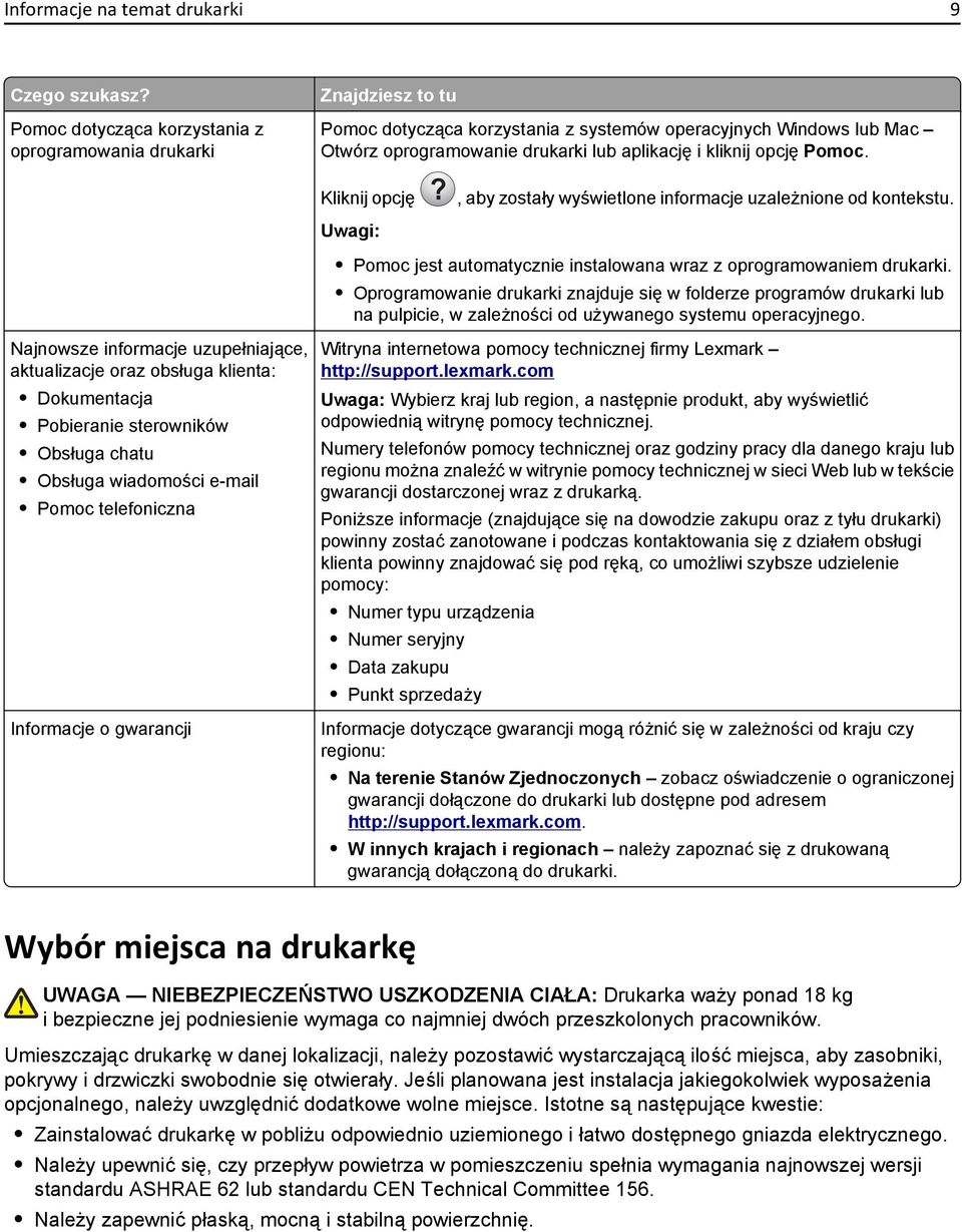 Pomoc. Kliknij opcję?, aby zostały wyświetlone informacje uzależnione od kontekstu. Pomoc jest automatycznie instalowana wraz z oprogramowaniem drukarki.