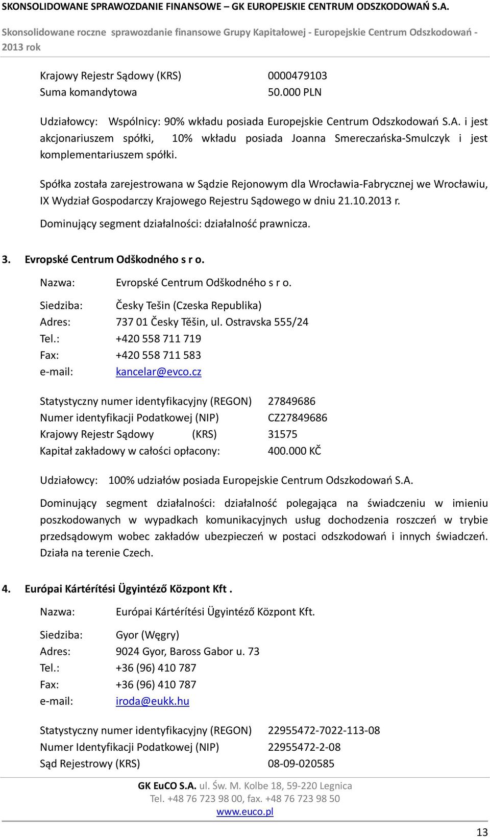 Spółka została zarejestrowana w Sądzie Rejonowym dla Wrocławia-Fabrycznej we Wrocławiu, IX Wydział Gospodarczy Krajowego Rejestru Sądowego w dniu 21.10.2013 r.