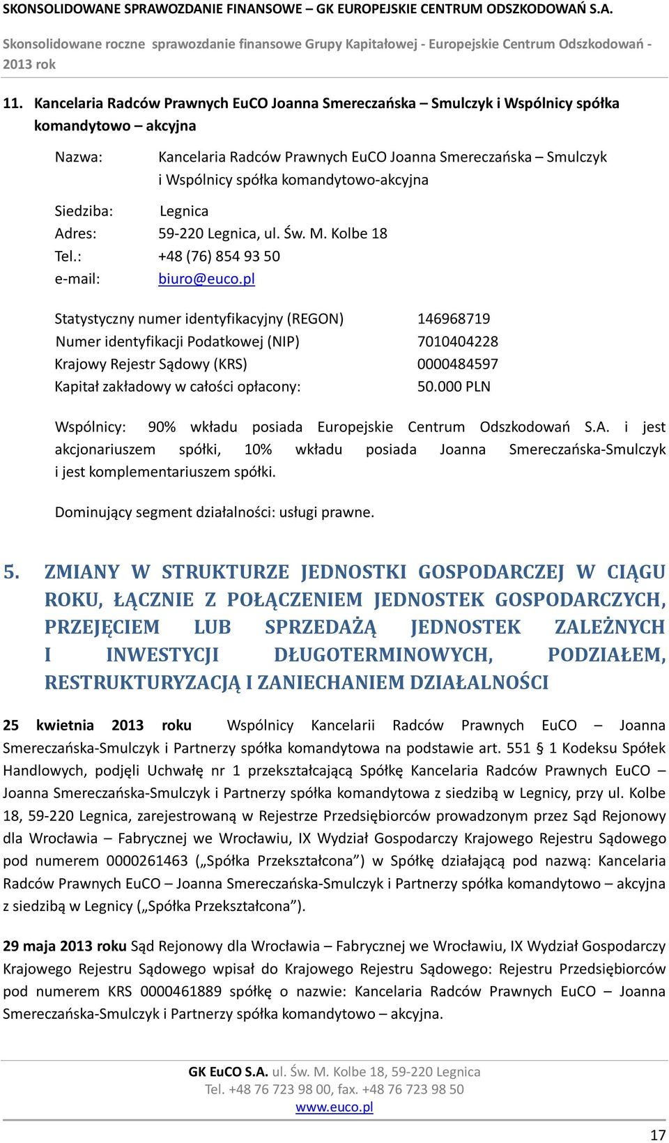 pl Statystyczny numer identyfikacyjny (REGON) 146968719 Numer identyfikacji Podatkowej (NIP) 7010404228 Krajowy Rejestr Sądowy (KRS) 0000484597 Kapitał zakładowy w całości opłacony: 50.