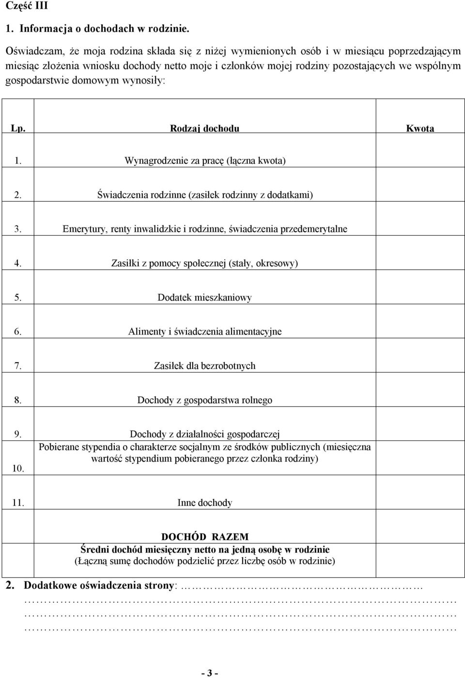 gospodarstwie domowym wynosiły: Lp. Rodzaj dochodu Kwota 1. Wynagrodzenie za pracę (łączna kwota) 2. Świadczenia rodzinne (zasiłek rodzinny z dodatkami) 3.