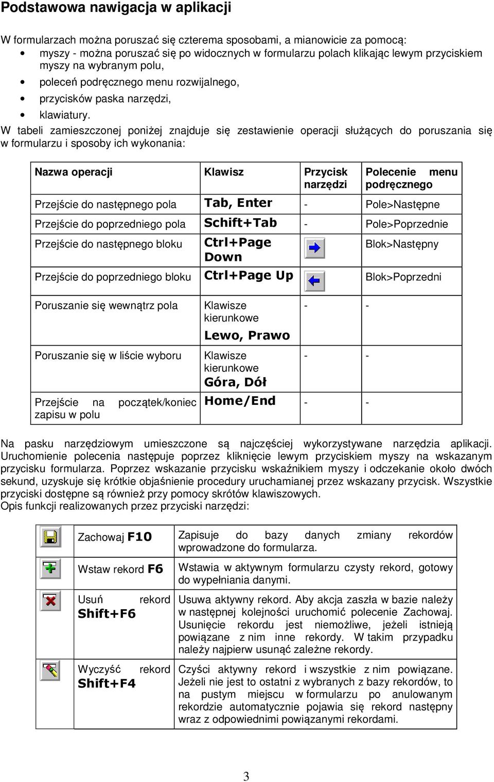 W tabeli zamieszczonej poniżej znajduje się zestawienie operacji służących do poruszania się w formularzu i sposoby ich wykonania: Nazwa operacji Klawisz Przycisk narzędzi Polecenie menu podręcznego