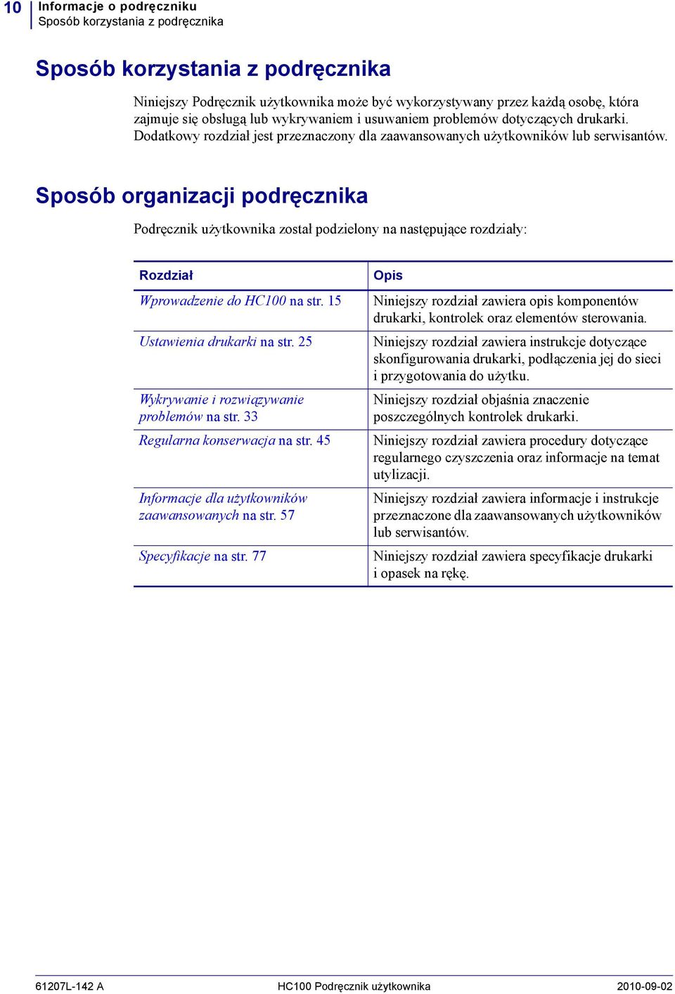 Sposób organizacji podręcznika Podręcznik użytkownika został podzielony na następujące rozdziały: Rozdział Wprowadzenie do HC100 na str. 15 Ustawienia drukarki na str.