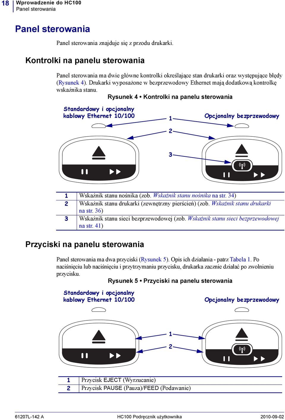 Drukarki wyposażone w bezprzewodowy Ethernet mają dodatkową kontrolkę wskaźnika stanu.