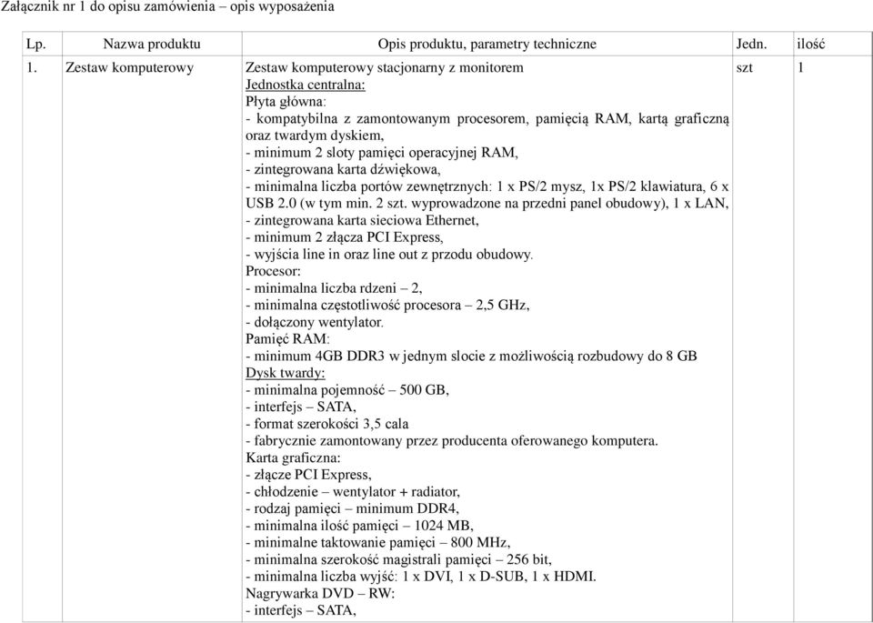 minimum 2 sloty pamięci operacyjnej RAM, - zintegrowana karta dźwiękowa, - minimalna liczba portów zewnętrznych: 1 x PS/2 mysz, 1x PS/2 klawiatura, 6 x USB 2.0 (w tym min. 2 szt.