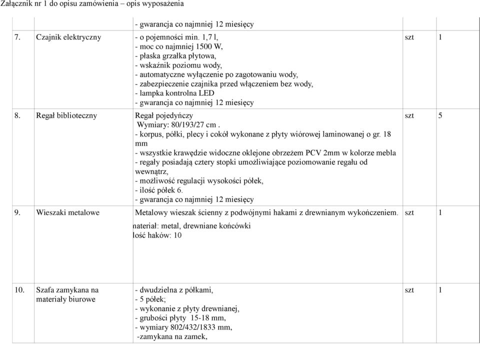 kontrolna LED - gwarancja co najmniej 12 miesięcy 8. Regał biblioteczny Regał pojedyńczy Wymiary: 80/193/27 cm. - korpus, półki, plecy i cokół wykonane z płyty wiórowej laminowanej o gr.