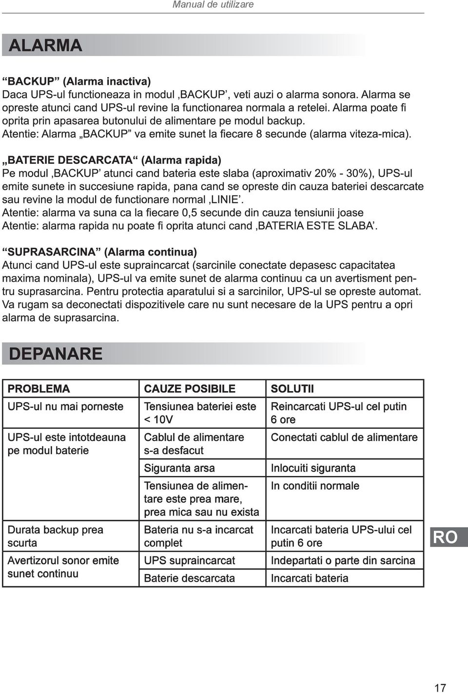 prea mare, prea mica sau nu exista Bateria nu s-a incarcat complet UPS supraincarcat Baterie descarcata Reincarcati UPS-ul cel putin 6 ore Conectati