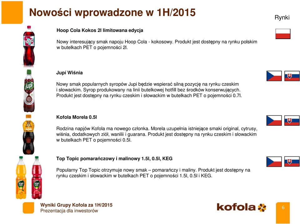 Produkt jest dostępny na rynku czeskim i słowackim w butelkach PET o pojemności 0.7l. Kofola Morela 0.5l Rodzina napjów Kofola ma nowego członka.