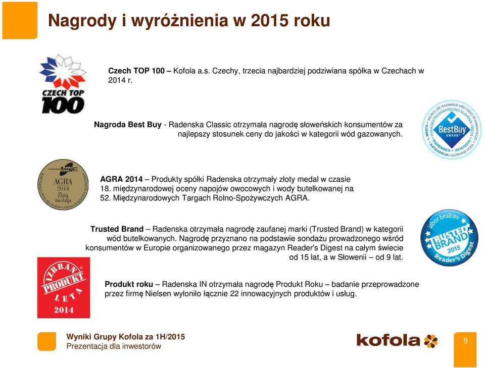 AGRA 2014 Produkty spółki Radenska otrzymały złoty medal w czasie 18. międzynarodowej oceny napojów owocowych i wody butelkowanej na 52. Międzynarodowych Targach Rolno-Spożywczych AGRA.