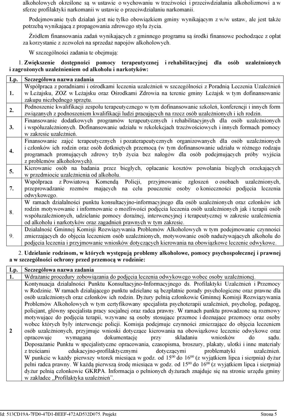 Źródłem finansowania zadań wynikających z gminnego programu są środki finansowe pochodzące z opłat za korzystanie z zezwoleń na sprzedaż napojów alkoholowych. W szczególności zadania te obejmują: 1.